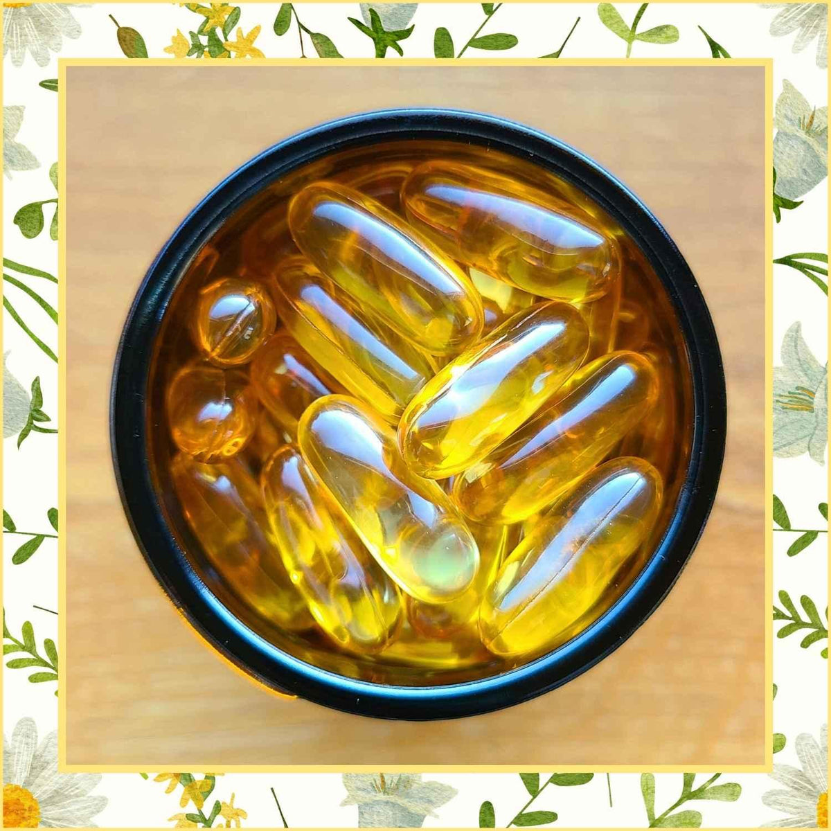 Omega-3 in Glastiegel auf Holztisch Naturstoff